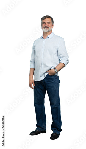 Portrait of happy casual older man smiling, Mid adult, mature age male with gray hair, Isolated on transparent background © opolja