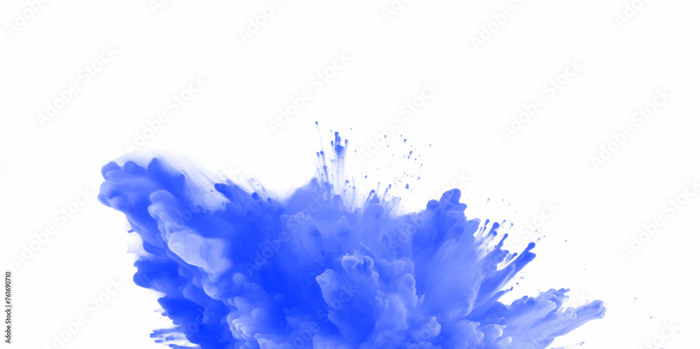 Blue holi paint color powder. Abstract blue dust explosion on white background. Blue holi paint color powder festival explosion burst isolated white background. Blue vibrant rainbow Holi paint color.	