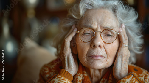 A woman with glasses and a frowning face, is wearing an orange sweater. The woman is in pain or discomfort. An elderly woman with migraine, isolated on a white background, looks tense, sick and tired