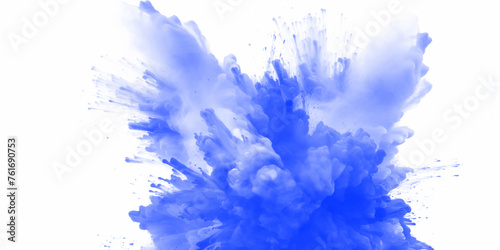 Blue holi paint color powder. Abstract blue dust explosion on white background. Blue holi paint color powder festival explosion burst isolated white background. Blue vibrant rainbow Holi paint color.	