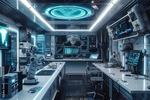 Room Filled With Computer Equipment, A cybernetic lab with robotics and futuristic technology, AI Generated