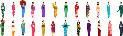Young girl kimono icons set cartoon vector. Japanese woman. Traditional clothing