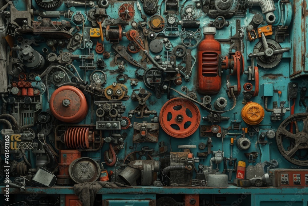This close-up photo showcases a complex machine with numerous interconnected parts and components, A depiction of a plethora of auto parts in a mechanic's garage, AI Generated