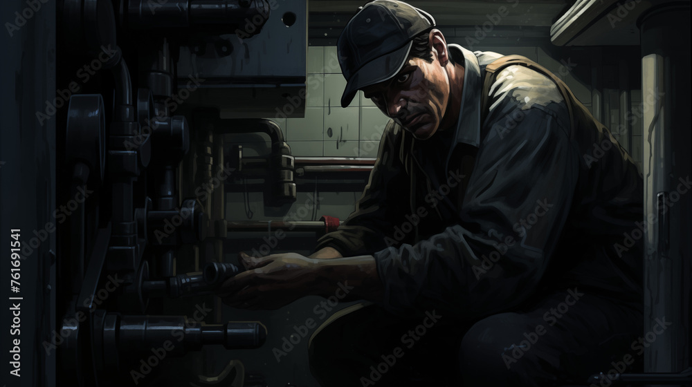 
A plumber gripping an adjustable wrench tightly in a dimly lit bathroom, cluttered with tools and spare parts,
