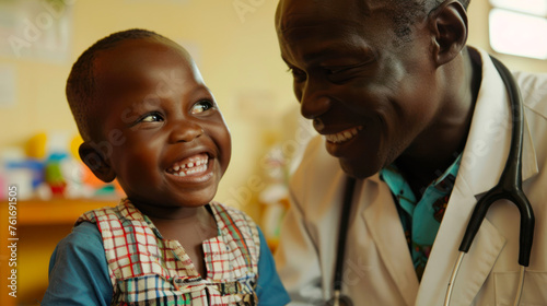 An African boy engages with an African doctor, both showing warm smiles in a potentially medical setting photo