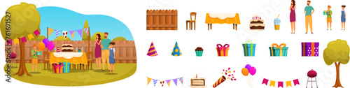 Birthday outside party icons set cartoon vector. Cake food. Family friends in garden