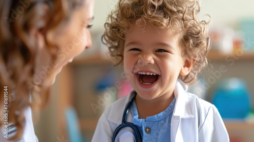 A smiling child in a doctor's coat shares a joyful moment with an adult, symbolizing learning and play