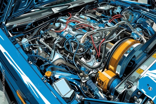 The Engine Compartment of a Blue Sports Car, A detailed illustration of the inside of a car's engine, overseen by a mechanic, AI Generated