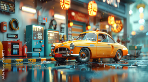 A cartoon yellow car near a gas station. 3d illustration