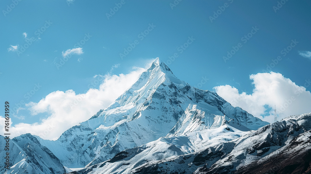 Sunlit Alpine Peaks, Snowy Mountains and Blue Skies with white clouds