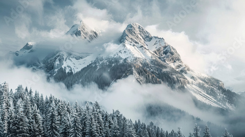 Cloudy Mountain Tops, Winter Wonderland with Pine Forests