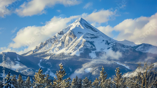 Majestic Snowy Peaks and Pine Forest under Sunlit Skies © @foxfotoco