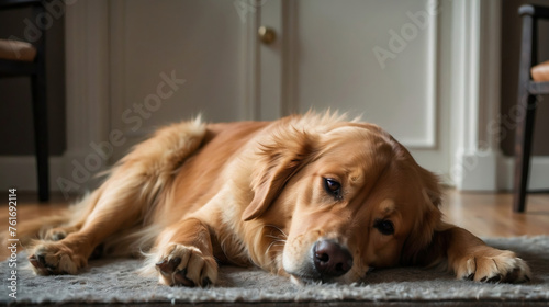 Entspannter Golden Retriever liegt auf Teppich im Flur und blickt sanft zur Seite