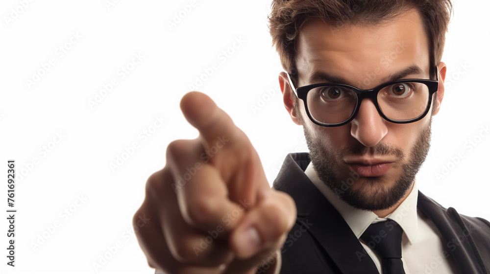 Confident businessman pointing forward firmly. Confident businessman pointing forward firmly.