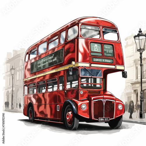 Vintage red London double-decker bus driving through photo