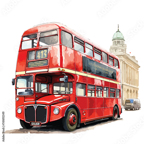 Vintage red London double-decker bus driving through photo