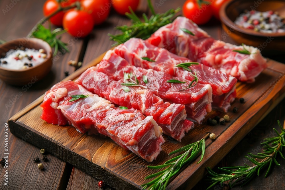 Fresh uncooked beef ribs with rosemary, peppercorns on cutting board, perfect for culinary themes Fresh uncooked beef ribs with rosemary, peppercorns on cutting board, perfect for culinary themes