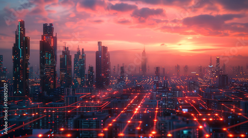 A city skyline with a red and orange sunset in the background