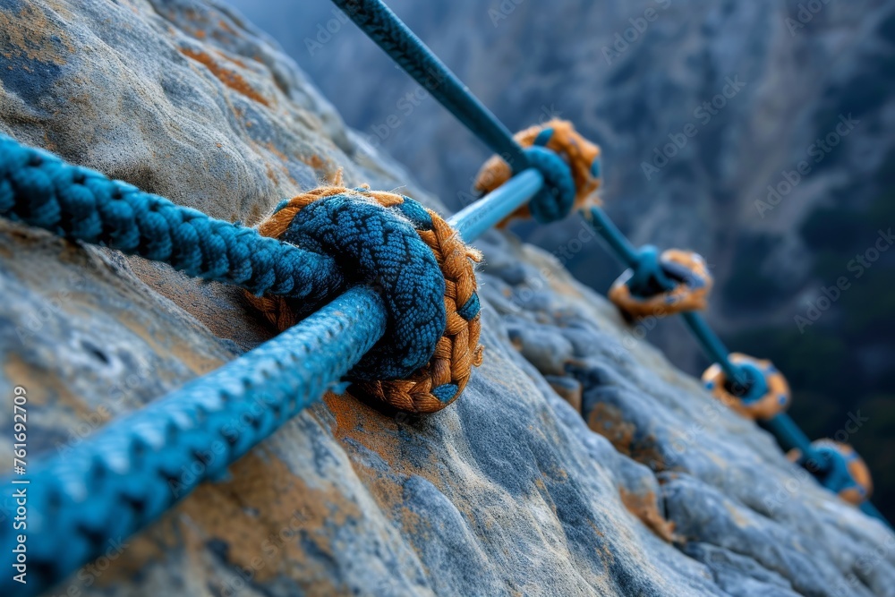 Close Up of Rope on Rock, A dramatic view from the top of a rock climbing wall, ropes and anchors seen in the foreground, AI Generated