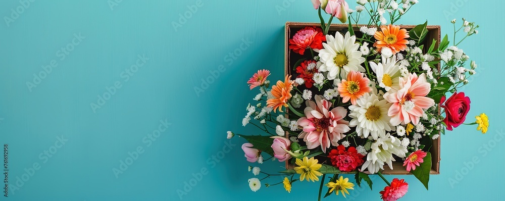 From above bunch of fresh blooming flowers placed in box on blue background. From above bunch of fresh blooming flowers placed in box on blue background.