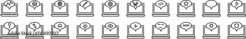 Laptop and speech bubble line icons collection. Editable stroke. Simple linear illustration for web sites, newspapers, articles book