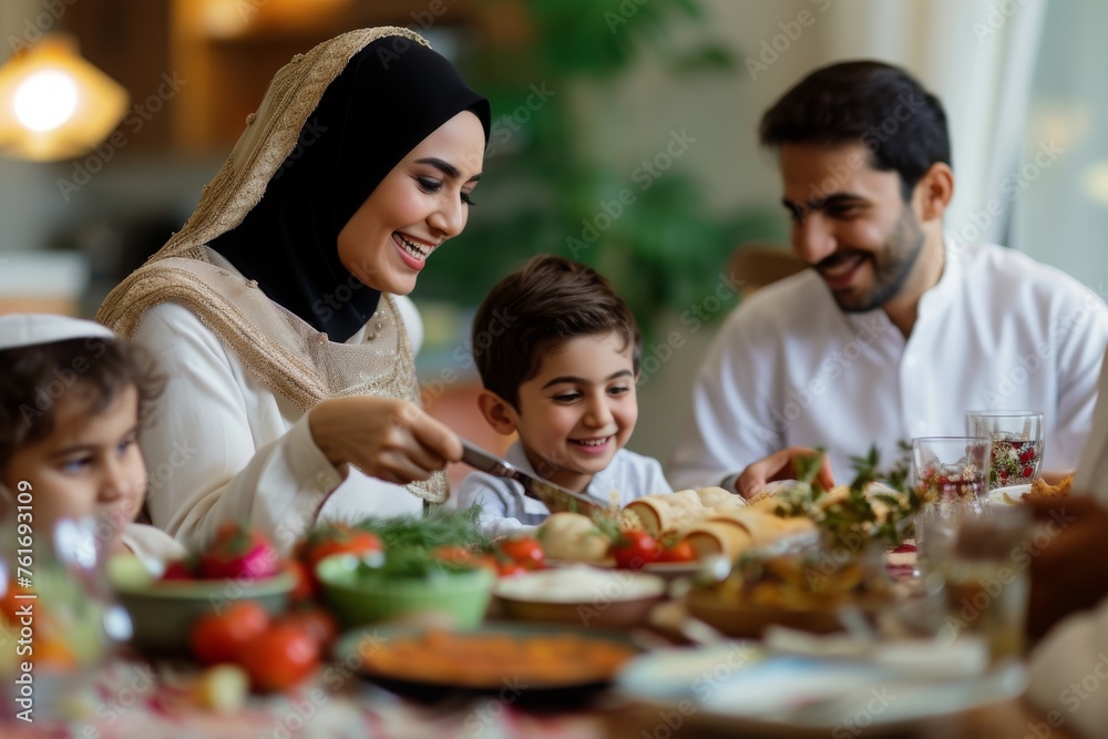 A family of multiple generations sitting together at a table, engaged in conversation and sharing a meal, A family sharing laughter at a Ramadan table, AI Generated A family of multiple generations sitting together at a table, engaged in conversation and sharing a meal, A family sharing laughter at a Ramadan table, AI Generated