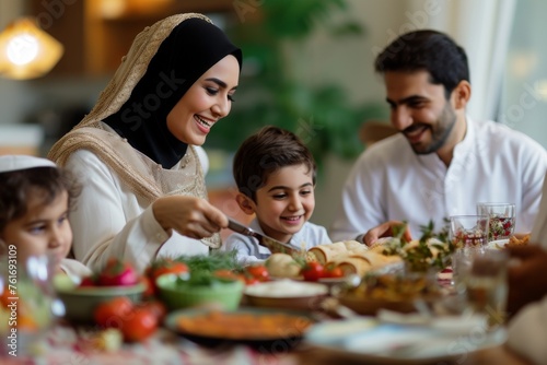 A family of multiple generations sitting together at a table  engaged in conversation and sharing a meal  A family sharing laughter at a Ramadan table  AI Generated