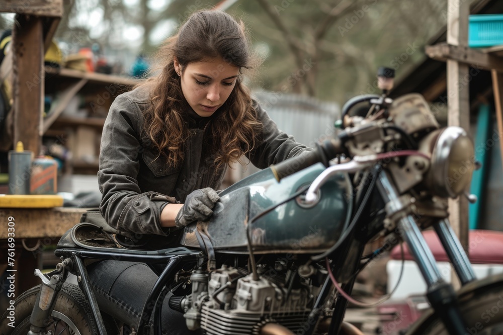A woman diligently working on a motorcycle in a well-equipped garage, A female mechanic repairing a motorcycle in an outdoor backdrop, AI Generated