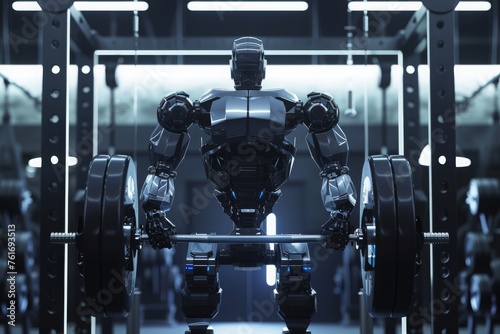 A robot stands confidently in front of a barbell in a busy gym, ready to take on the challenge, A futuristic concept of robotic weightlifting in a technologically advanced gym, AI Generated