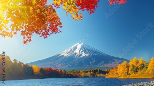 Snow capped mtfuji  tokyo s tallest volcano with autumn red trees, perfect backdrop for wallpapers photo