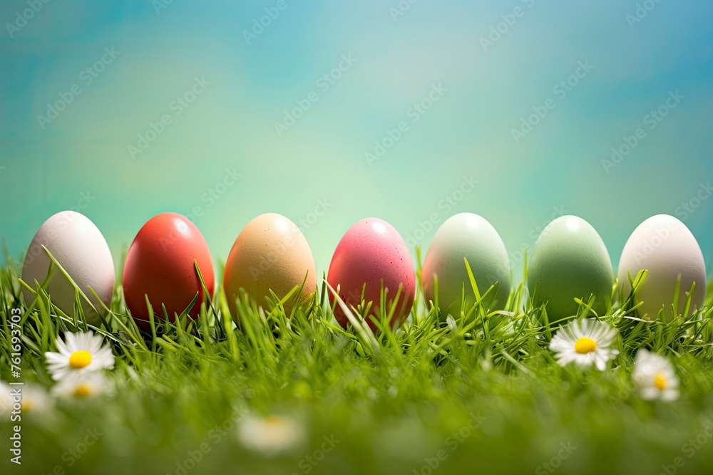 Row of Easter Eggs with Daisy on Fresh Green Grass - generative ai Row of Easter Eggs with Daisy on Fresh Green Grass - generative ai