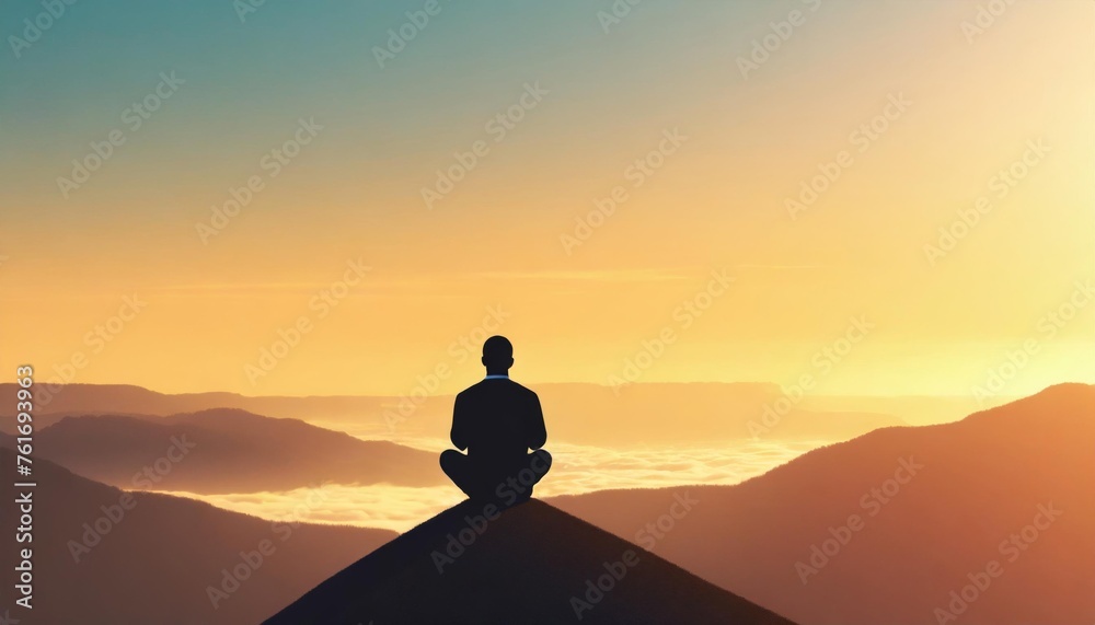 Silhouette of a man meditating in a lotus position at sunrise in the mountains, symbolizing peace and spirituality.