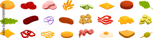 Flying burger ingredients icons set cartoon vector. Fast Food meal. Hamburger layer