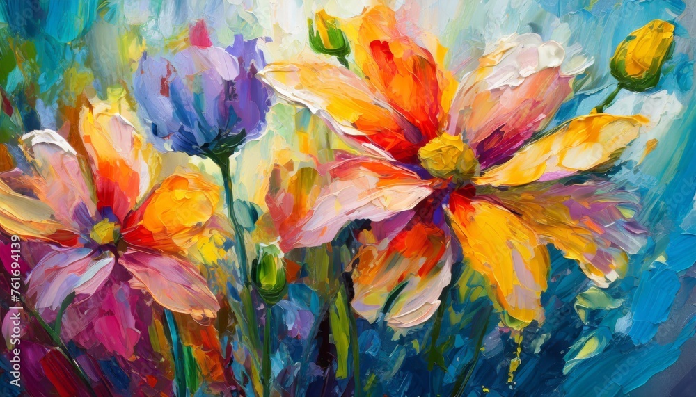 Impressionistic painting of vibrant flowers with bold brushstrokes and a lively color palette.
