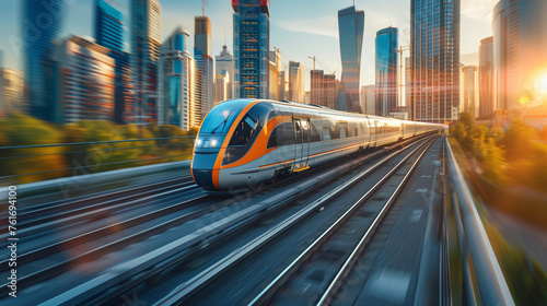 A train is traveling down a track in a city