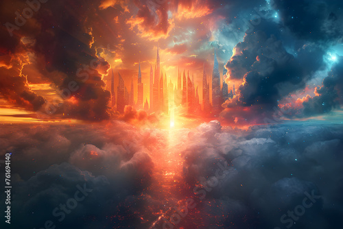 An abstract depiction of a heavenly paradise city, symbolizing the afterlife and Christian beliefs.