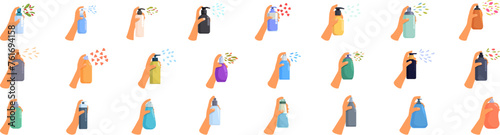 Hands perfume dispenser icons set cartoon vector. Human aerosol. Self care spray