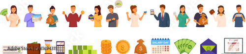 People payday icons set cartoon vector. Event paycheck. Salary payroll