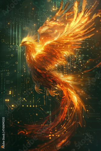 A bird with a fiery tail is flying over a green background