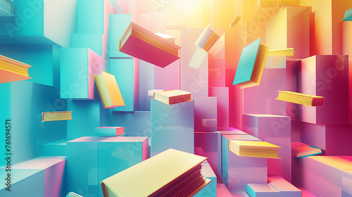 A colorful room with many books flying around