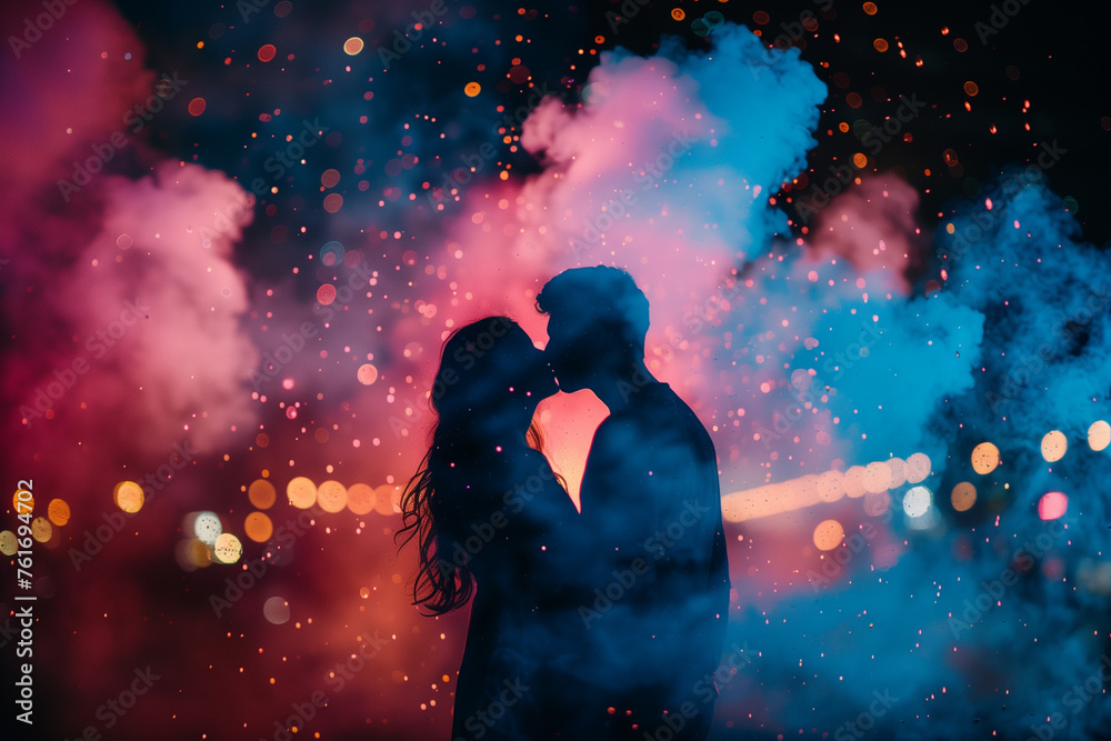 A couple kissing in the air with smoke around them