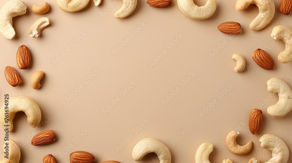 Variety of nuts on warm background with generous space for creative text placement Variety of nuts on warm background with generous space for creative text placement