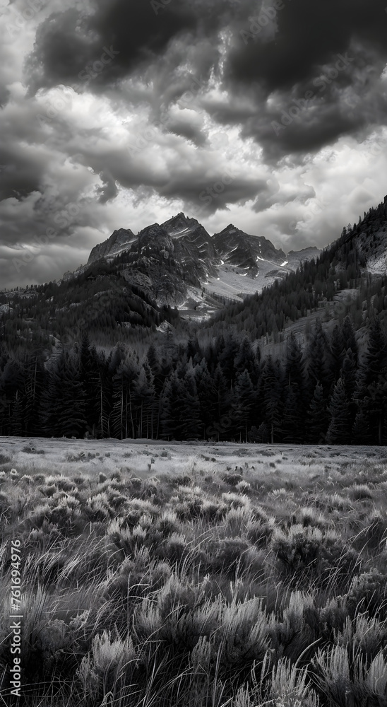 Professional monochrome photography of coniferous forest, meadow with grass and snowy mountain peak in clouds. Graphic black and white poster of wild autumn landscape. Photo shot for interior painting