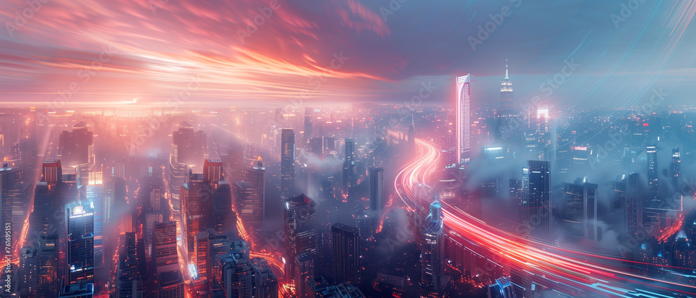 A city skyline with a bright orange sky and a red and blue highway