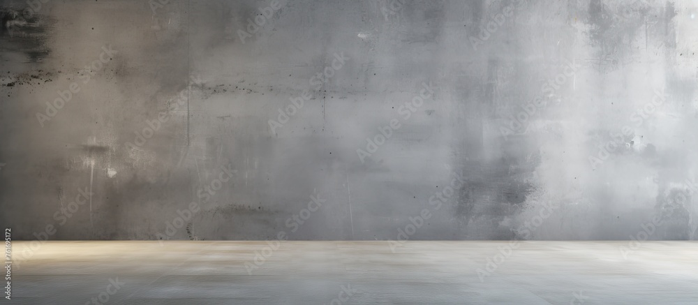 An empty room with grey concrete floor and wall, mimicking a landscape with tints and shades of darkness. Water and wood elements are absent, creating a cloudlike atmosphere