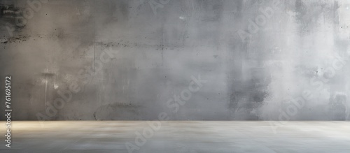 An empty room with grey concrete floor and wall, mimicking a landscape with tints and shades of darkness. Water and wood elements are absent, creating a cloudlike atmosphere