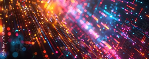 geometric shapes and structures in colorful neon colors and lights in cyberspace against dark background