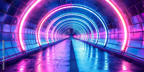 A neon tunnel with a blue and pink glow