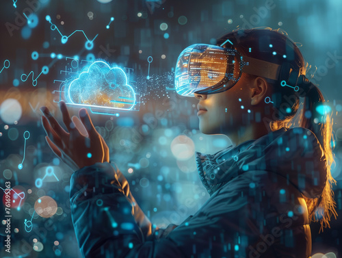 A woman is holding a virtual reality headset and is looking at a cloud