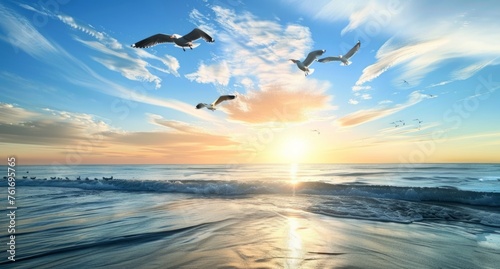 The sun sets over the ocean, casting warm hues across its surface as seagulls gracefully fly above The tranquil sea waves gently lapping against the shore add to the serene atmosphere Generative AI photo